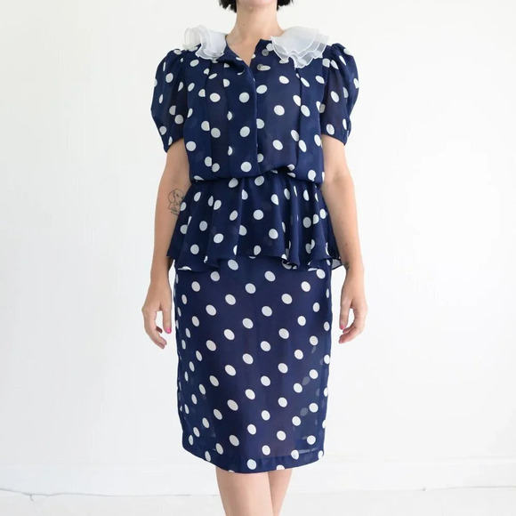 Vintage Hrlsten Navy  Polka Dot Short Sleeve Midi Dress Size 10 - Picture 1 of 15
